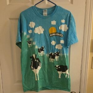 Ben&Jerrys Gildan Blue and Green T-Shirt with Cow and Cloud Design